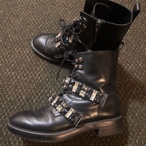 ZARA Black Leather Jewell-Embellished Combat Boots Size 39 (8.5)